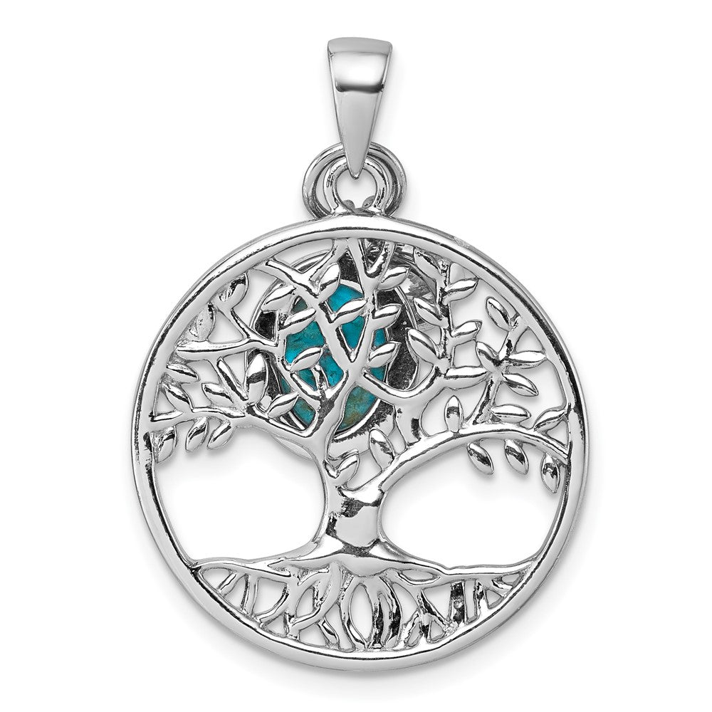Sterling Silver Rhodium-plated Polished CZ and Compressed Turquoise Cabochon Tree of Life Pendant QC11565
