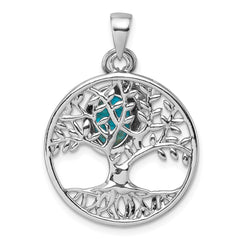 Sterling Silver Rhodium-plated Polished CZ and Compressed Turquoise Cabochon Tree of Life Pendant QC11565