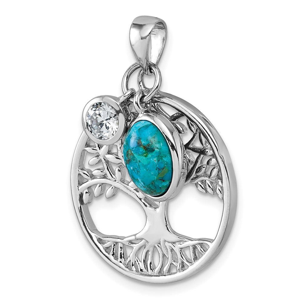 Sterling Silver Rhodium-plated Polished CZ and Compressed Turquoise Cabochon Tree of Life Pendant QC11565