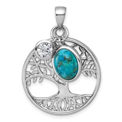 Sterling Silver Rhodium-plated Polished CZ and Compressed Turquoise Cabochon Tree of Life Pendant QC11565