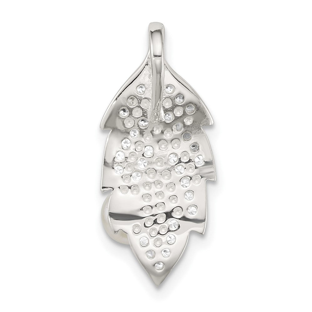 Sterling Silver Polished CZ and Acrylic Pearl on Leaf Chain Slide Pendant QC11566