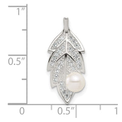 Sterling Silver Polished CZ and Acrylic Pearl on Leaf Chain Slide Pendant QC11566