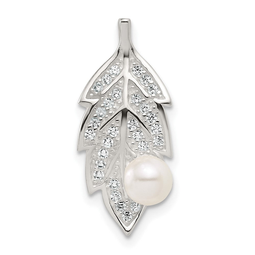 Sterling Silver Polished CZ and Acrylic Pearl on Leaf Chain Slide Pendant QC11566
