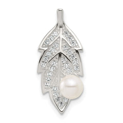 Sterling Silver Polished CZ and Acrylic Pearl on Leaf Chain Slide Pendant QC11566