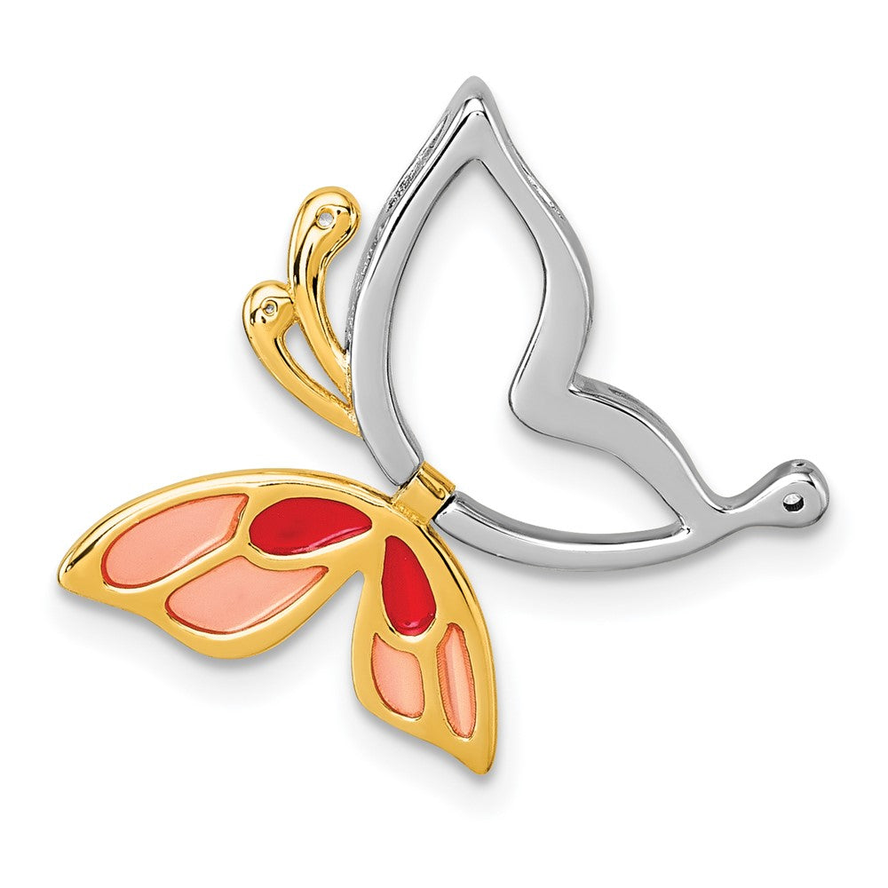 Sterling Silver Rhodium-plated and Gold-tone Pink and Red Enameled with White CZ Moveable Wing Butterfly Chain Slide Pendant QC11567