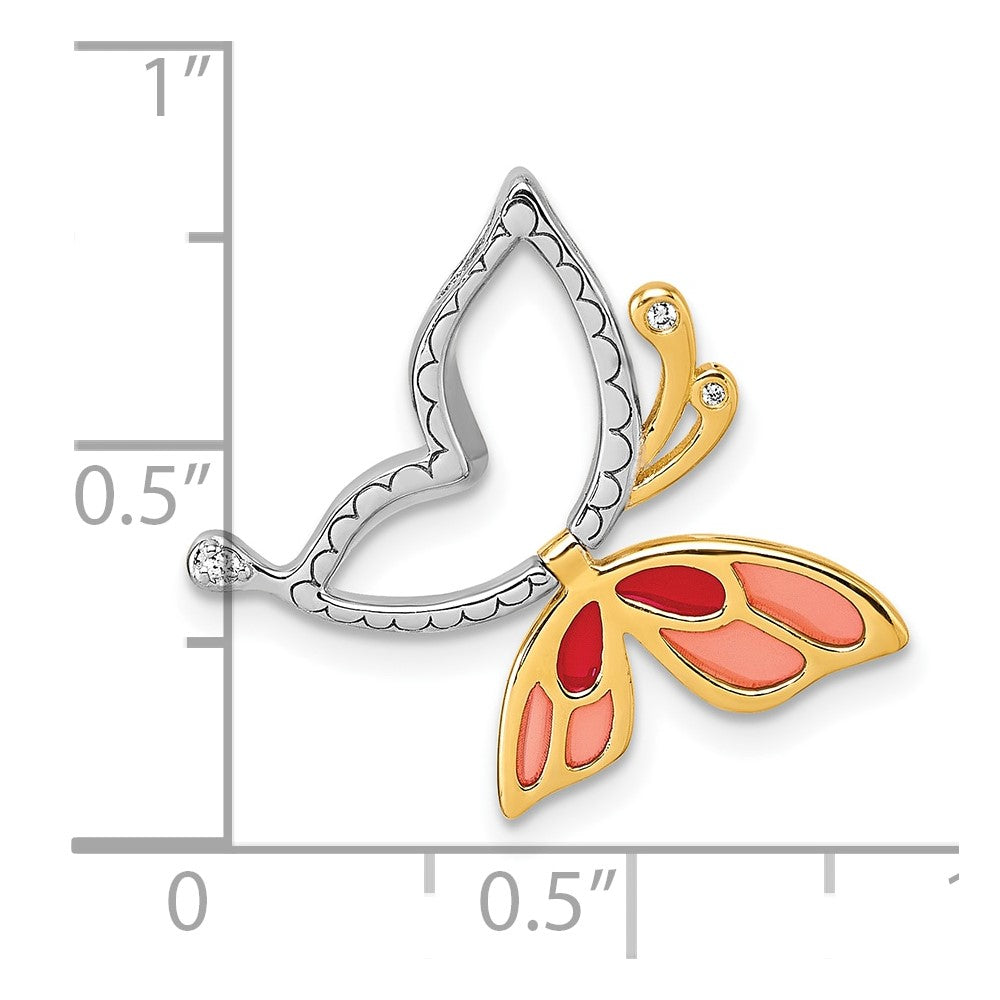 Sterling Silver Rhodium-plated and Gold-tone Pink and Red Enameled with White CZ Moveable Wing Butterfly Chain Slide Pendant QC11567