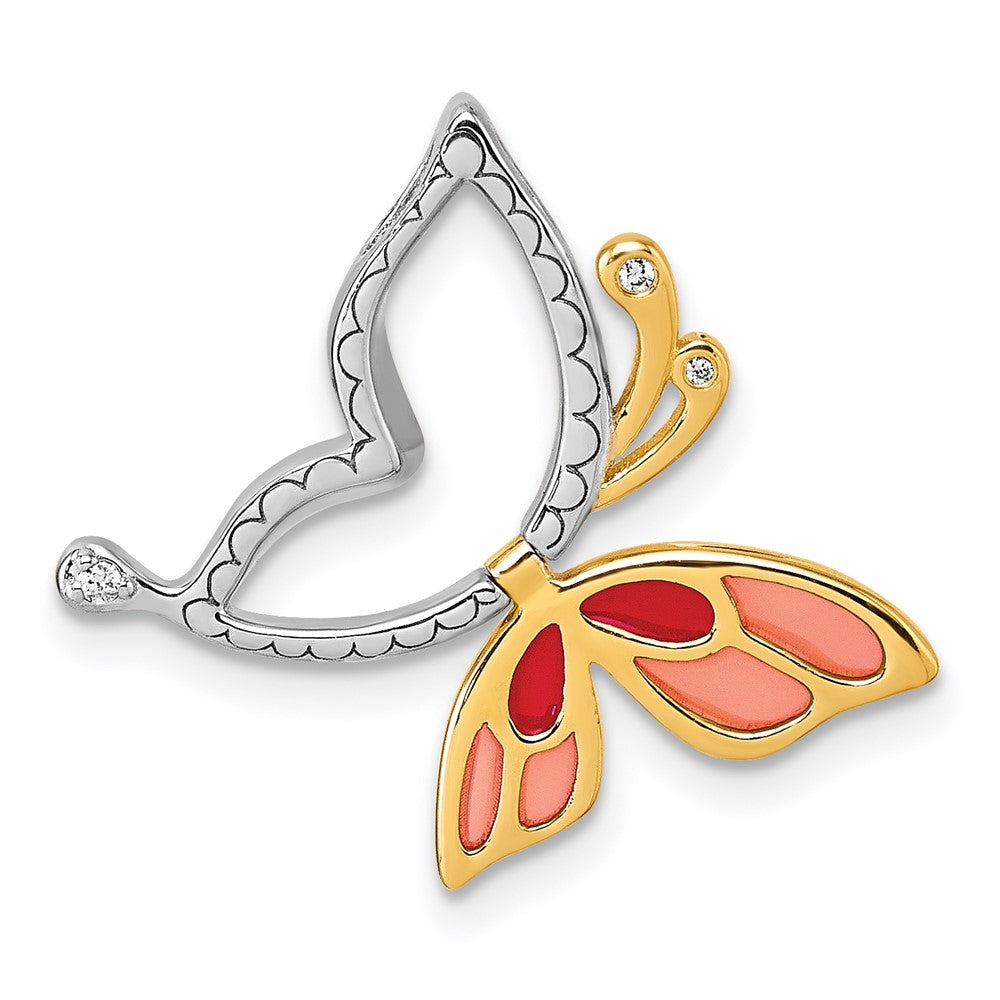 Sterling Silver Rhodium-plated and Gold-tone Pink and Red Enameled with White CZ Moveable Wing Butterfly Chain Slide Pendant QC11567