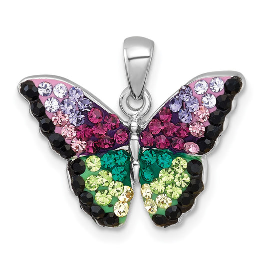 Sterling Silver Rhodium-plated Polished Purple/Green/Black Crystal Butterfly Pendant QC11570