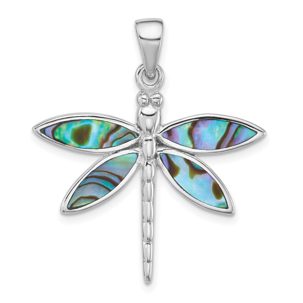 Sterling Silver Rhodium-plated Polished Abalone Dragonfly Pendant QC11573