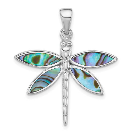 Sterling Silver Rhodium-plated Polished Abalone Dragonfly Pendant QC11573