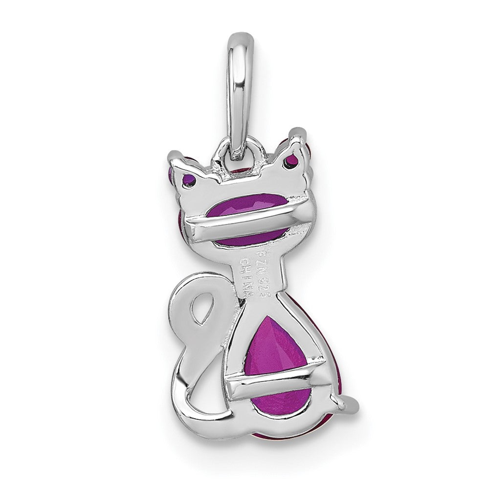 Sterling Silver Rhodium-plated Red Corundum Cat Pendant QC11575
