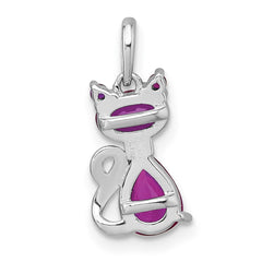 Sterling Silver Rhodium-plated Red Corundum Cat Pendant QC11575