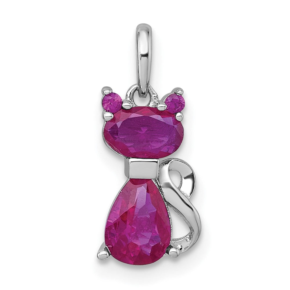 Sterling Silver Rhodium-plated Red Corundum Cat Pendant QC11575