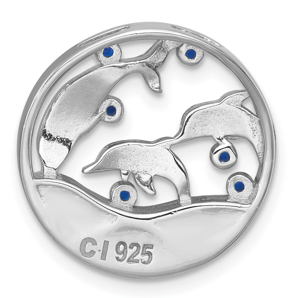 Sterling Silver Rhodium-plated Polished Larimar and Blue CZ Dolphins Chain Slide Pendant QC11587
