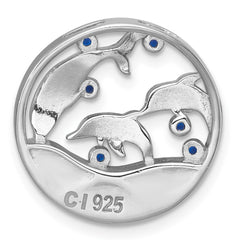 Sterling Silver Rhodium-plated Polished Larimar and Blue CZ Dolphins Chain Slide Pendant QC11587