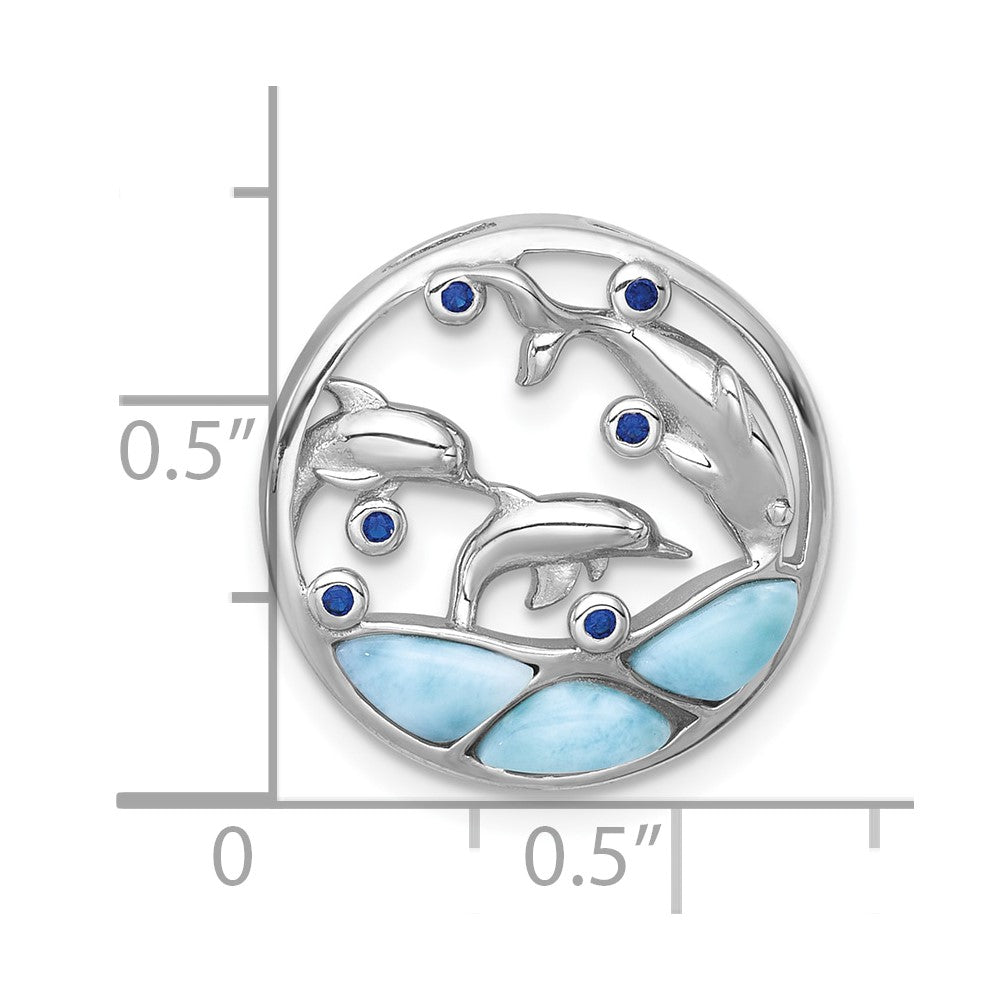 Sterling Silver Rhodium-plated Polished Larimar and Blue CZ Dolphins Chain Slide Pendant QC11587