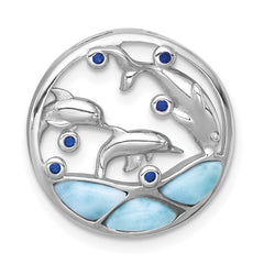 Sterling Silver Rhodium-plated Polished Larimar and Blue CZ Dolphins Chain Slide Pendant QC11587