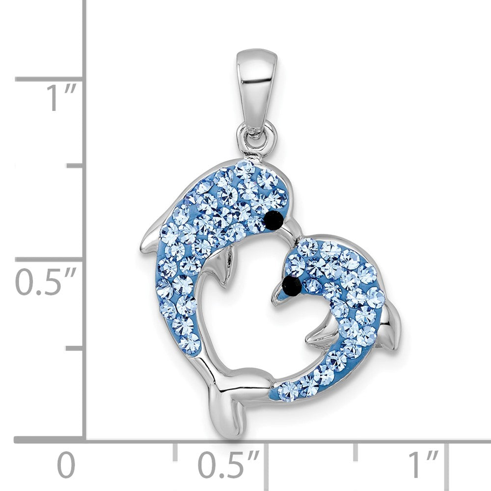 Sterling Silver Rhodium-plated Polished Blue and Black Crystal Dolphins Heart Shape Pendant QC11588