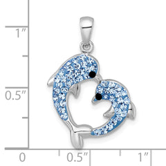 Sterling Silver Rhodium-plated Polished Blue and Black Crystal Dolphins Heart Shape Pendant QC11588