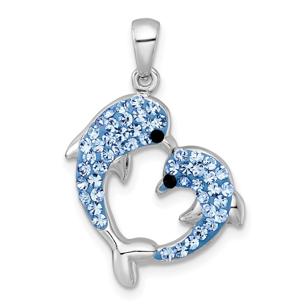 Sterling Silver Rhodium-plated Polished Blue and Black Crystal Dolphins Heart Shape Pendant QC11588