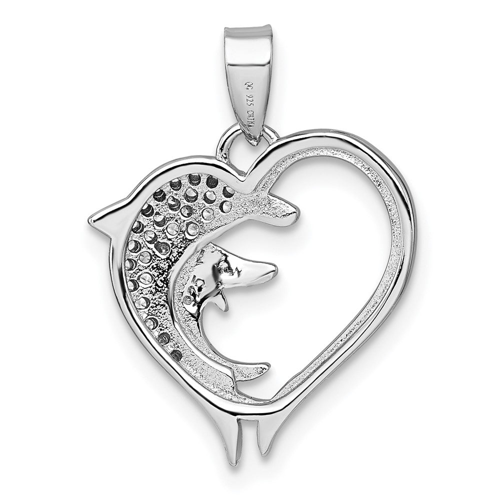 Sterling Silver Rhodium-plated Polished CZ Dolphins Heart Pendant QC11589