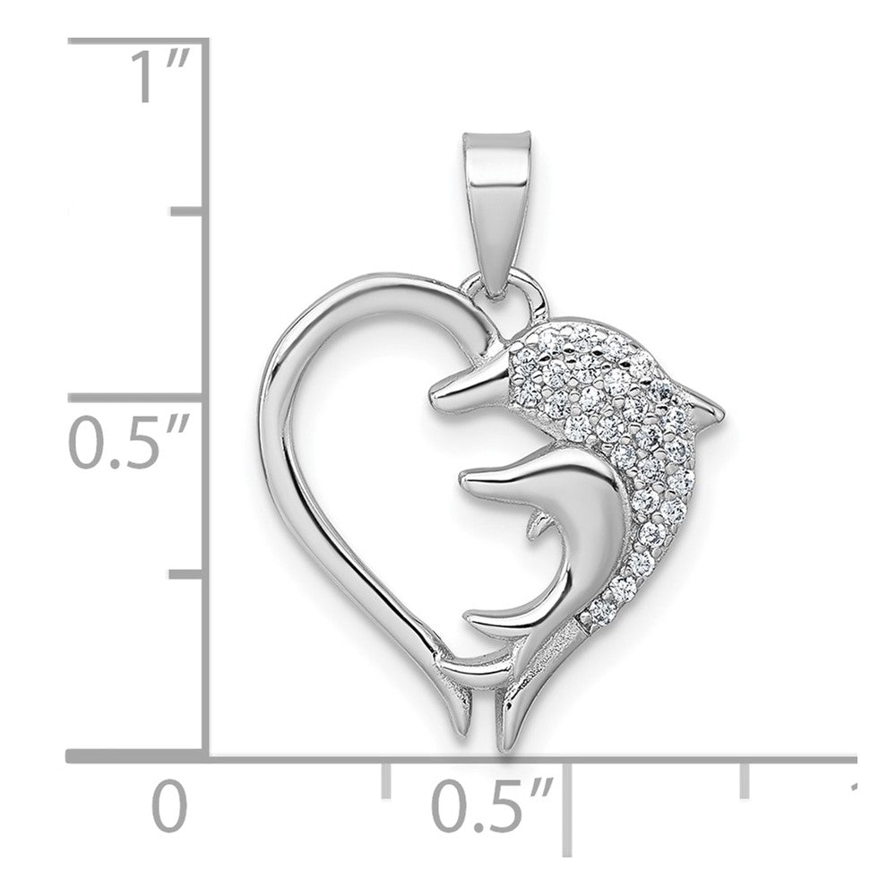 Sterling Silver Rhodium-plated Polished CZ Dolphins Heart Pendant QC11589