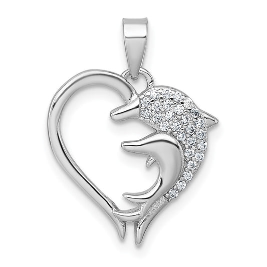 Sterling Silver Rhodium-plated Polished CZ Dolphins Heart Pendant QC11589