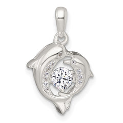 Sterling Silver Polished Vibrant Moving CZ 2-Dolphin Pendant QC11590