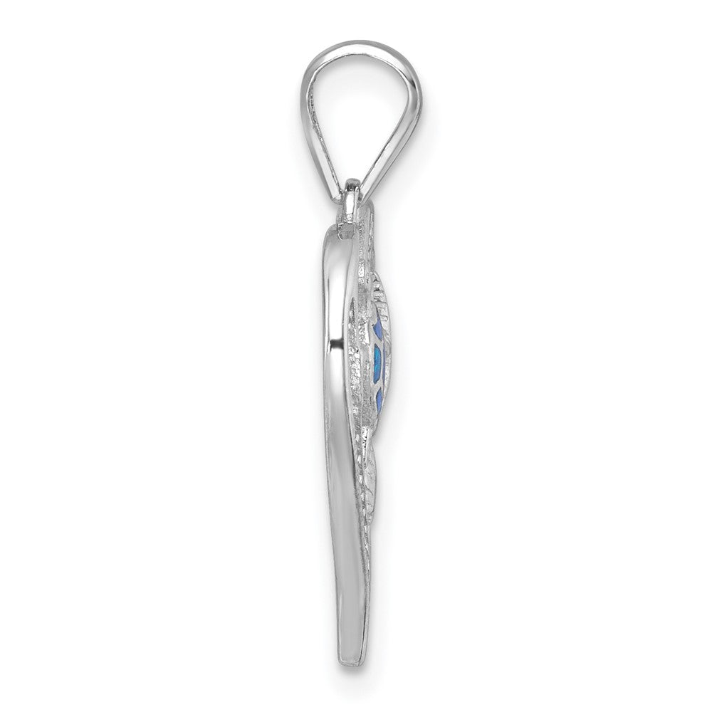 Sterling Silver Rhodium-plated Polished and Textured Blue Lab Created Opal and CZ Sealife Heart Pendant QC11592