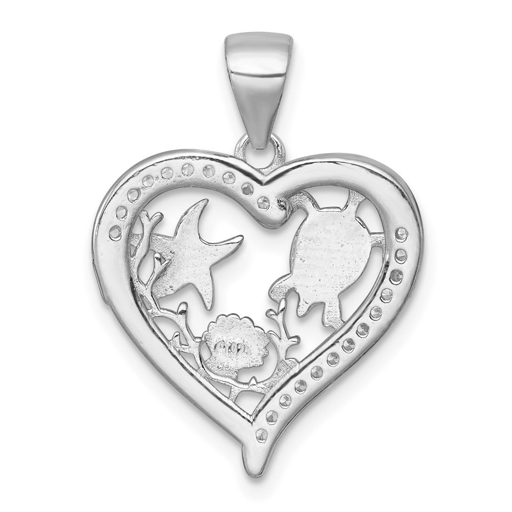 Sterling Silver Rhodium-plated Polished and Textured Blue Lab Created Opal and CZ Sealife Heart Pendant QC11592