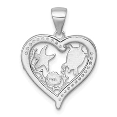 Sterling Silver Rhodium-plated Polished and Textured Blue Lab Created Opal and CZ Sealife Heart Pendant QC11592