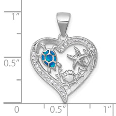Sterling Silver Rhodium-plated Polished and Textured Blue Lab Created Opal and CZ Sealife Heart Pendant QC11592