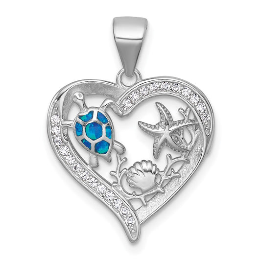 Sterling Silver Rhodium-plated Polished and Textured Blue Lab Created Opal and CZ Sealife Heart Pendant QC11592
