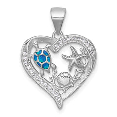 Sterling Silver Rhodium-plated Polished and Textured Blue Lab Created Opal and CZ Sealife Heart Pendant QC11592