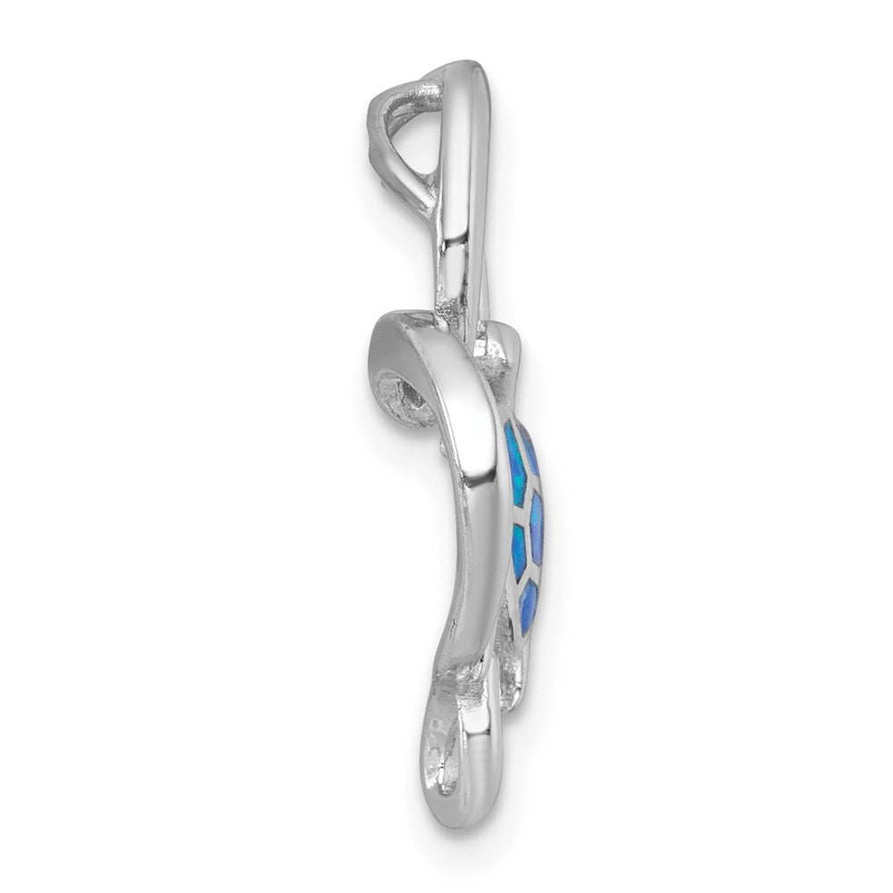 Sterling Silver Rhodium-plated Polished Blue Lab Created Opal Turtle Open Heart Chain Slide Pendant QC11593