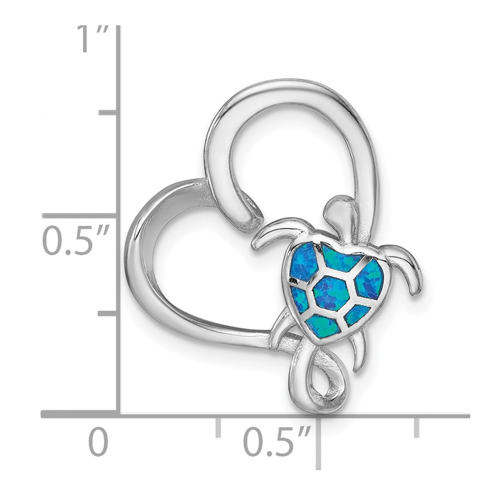 Sterling Silver Rhodium-plated Polished Blue Lab Created Opal Turtle Open Heart Chain Slide Pendant QC11593