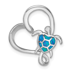 Sterling Silver Rhodium-plated Polished Blue Lab Created Opal Turtle Open Heart Chain Slide Pendant QC11593