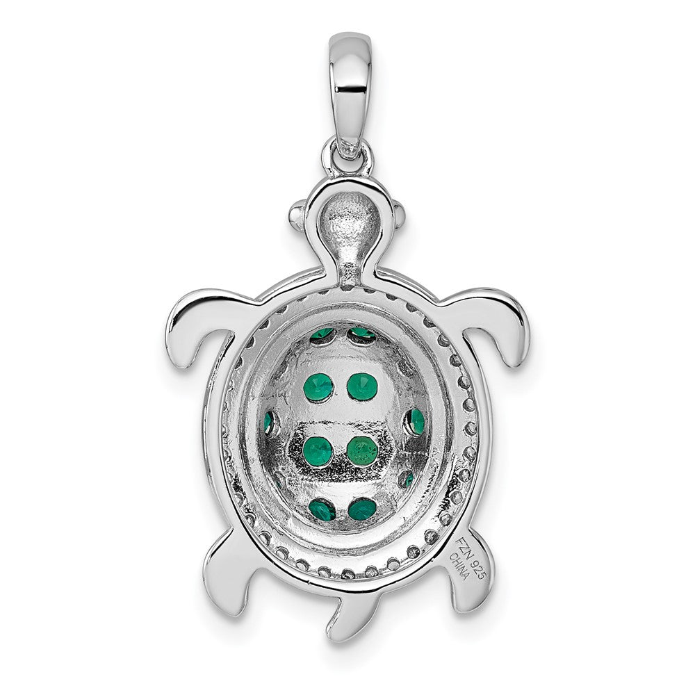 Sterling Silver White and Black Rhodium-plated White and Green CZ Turtle Pendant QC11595