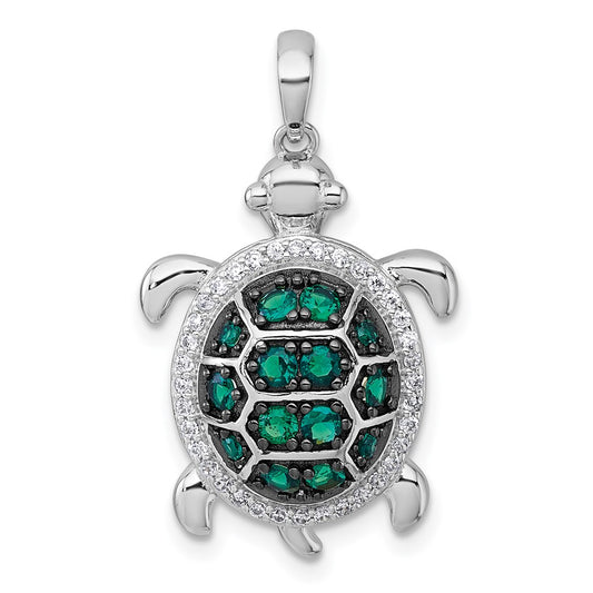 Sterling Silver White and Black Rhodium-plated White and Green CZ Turtle Pendant QC11595