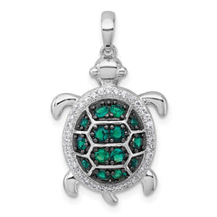 Sterling Silver White and Black Rhodium-plated White and Green CZ Turtle Pendant QC11595