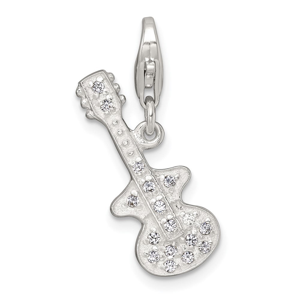 Sterling Silver Polished CZ Guitar with Lobster Clasp Charm QC11597