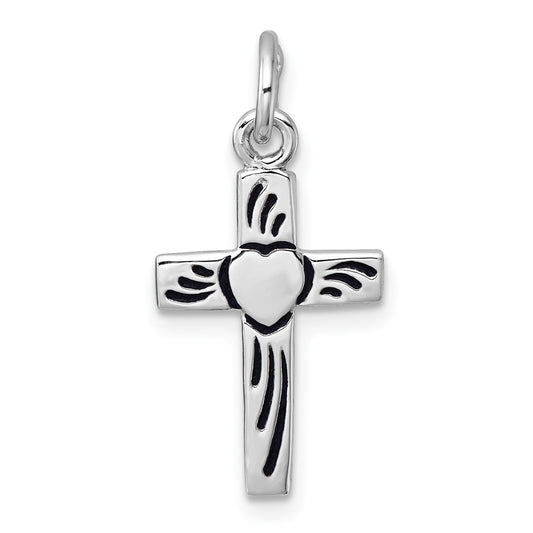 Sterling Silver Rhodium-plated Enameled Polished Heart Cross Pendant QC11603