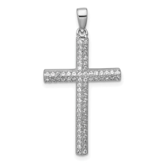 Sterling Silver Rhodium-plated Polished Pave CZ Latin Cross Pendant QC11604