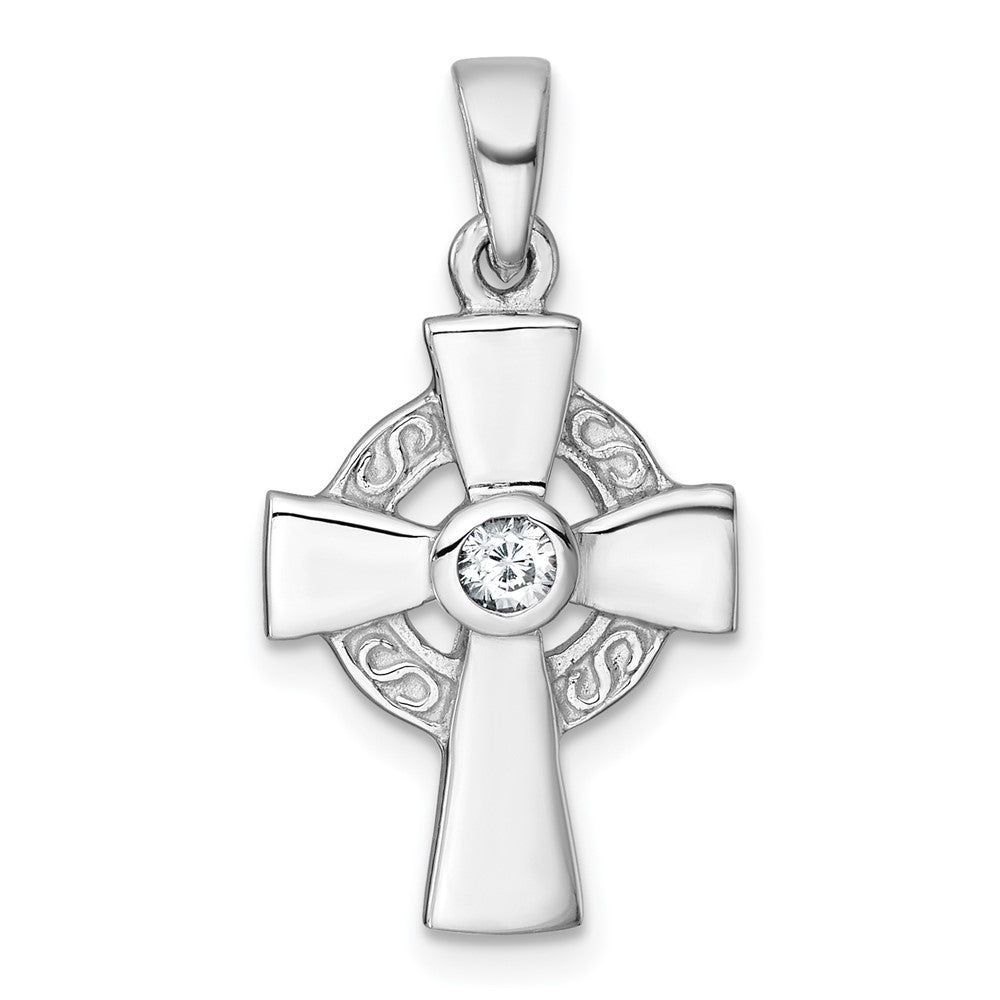 Sterling Silver Rhodium-plated Polished CZ Center Celtic Cross Pendant QC11616