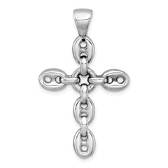 Sterling Silver Rhodium-plated Polished Puffed Mariner/Anchor Link Cross Pendant QC11619