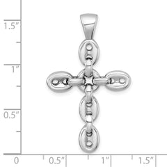 Sterling Silver Rhodium-plated Polished Puffed Mariner/Anchor Link Cross Pendant QC11619