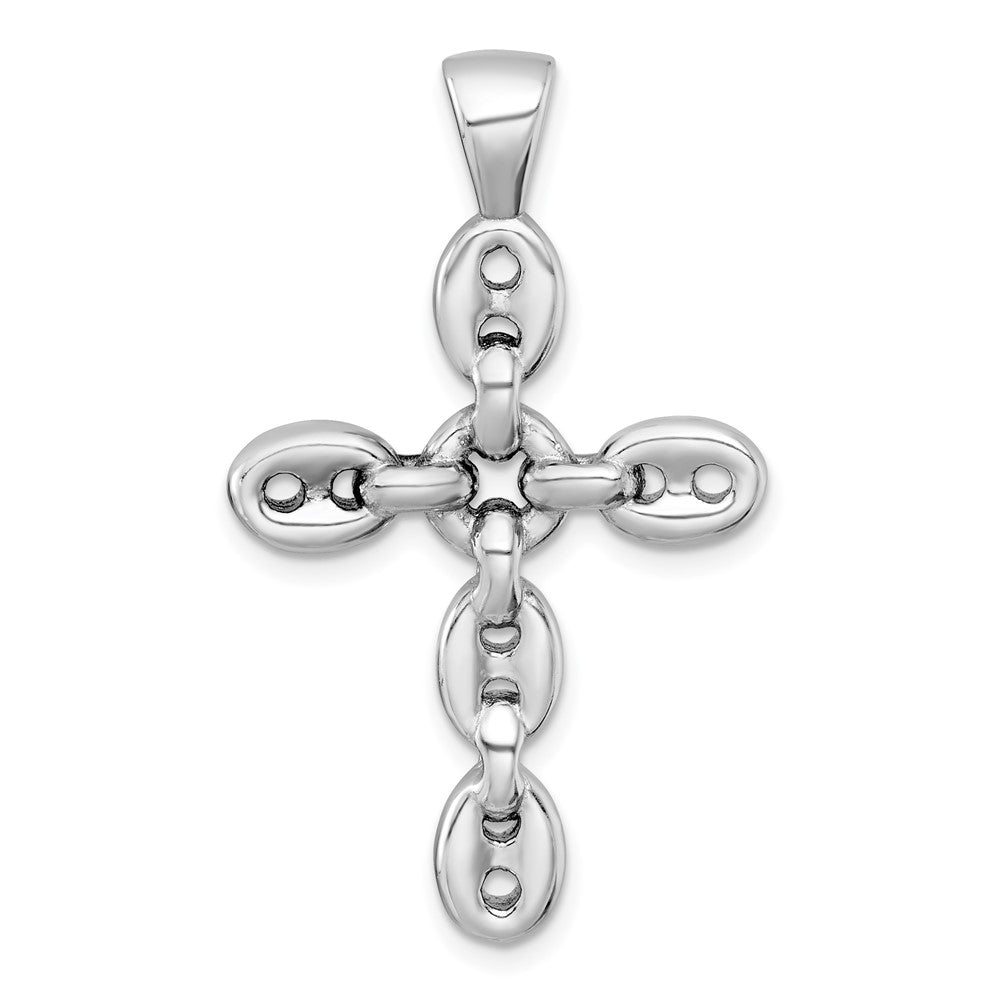 Sterling Silver Rhodium-plated Polished Puffed Mariner/Anchor Link Cross Pendant QC11619