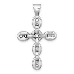 Sterling Silver Rhodium-plated Polished Puffed Mariner/Anchor Link Cross Pendant QC11619