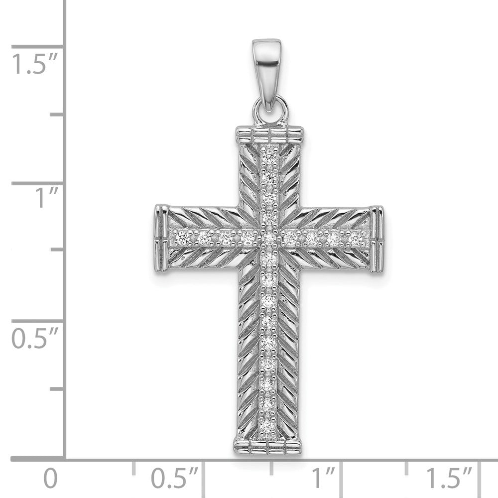 Sterling Silver Rhodium-plated CZ Polished and Textured Cross Pendant QC11620