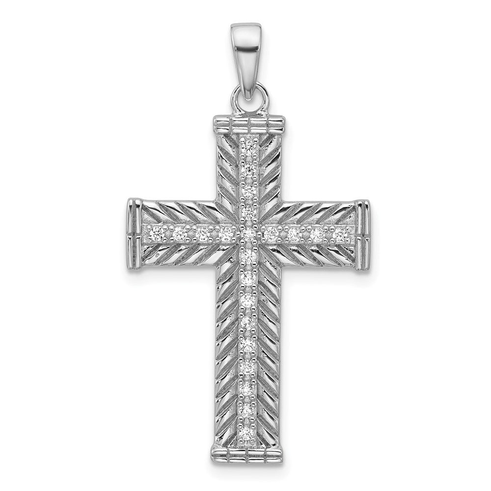 Sterling Silver Rhodium-plated CZ Polished and Textured Cross Pendant QC11620